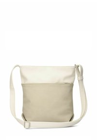 Borsa a tracolla in pelle color crema e beige con una texture liscia, una tasca frontale con zip e una tracolla regolabile. Forma rettangolare.