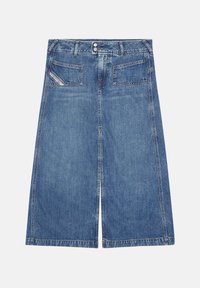 Denim culottes in lichtblauwe wassing, met een hoge taille, twee achterzakken, knoopsluiting en een onafgewerkte zoom. Gladde textuur met zichtbare stiksels.
