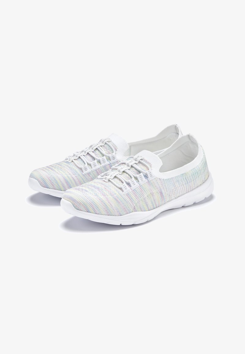 Lightweight sneaker with a textured, multicolored white upper, elastic laces, and a cushioning white sole. Breathable fabric design.