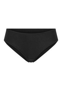Fekete bikini alsó, puha anyagból készült, egyszerű dizájnnal, klasszikus szabással és kényelmes, elasztikus derékpánttal.
