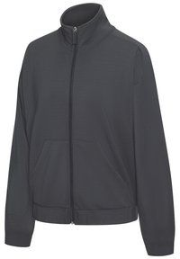 Dark gray zip-up jacket with a high collar, long sleeves, front pockets, elastic waistband, and a smooth fabric texture.