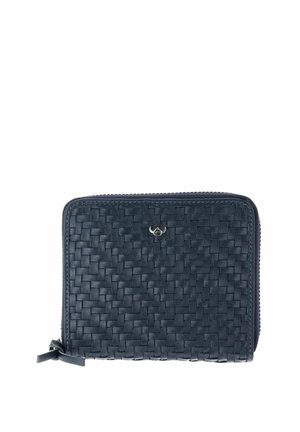 Portefeuille compact en cuir noir avec motif tressé, fermeture éclair et petit logo argenté à l'avant.