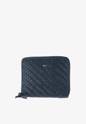 Portefeuille compact en cuir noir avec motif tressé, fermeture éclair et petit logo argenté à l'avant.