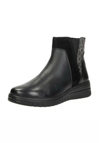 Zwarte enkellaars gemaakt van glad leer met een contrasterend suède paneel en een accent van luipaardprint aan de zijkant; met een gestructureerde rubberen zool.