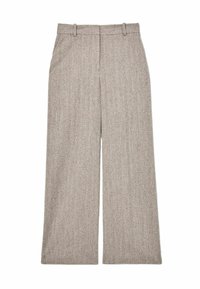 Laiade säärtega püksid tekstuurse helepruuni kangaga, kõrge vöökohaga, esipoolsete voltidega ja vööaasadega. Masinpestavad.