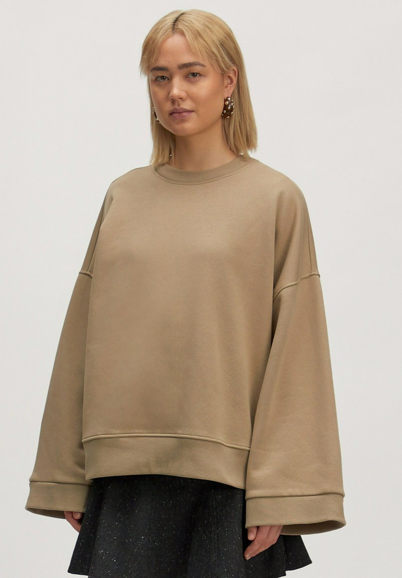 Overmaatse beige sweatshirt met een ronde hals en verlaagde schouders. Zacht katoenmateriaal met ribgebreide manchetten en zoom. Gladde textuur.