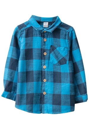 Blå og mørkegrå ternet skjorte med lange ærmer, knapper foran, brystlomme og træknapper, designet til børn.