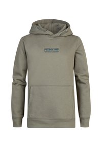 Felpa verde oliva con tasca frontale, cappuccio con lacci e logo stampato. Presenta polsini e orlo a coste, una consistenza morbida e un design casual.