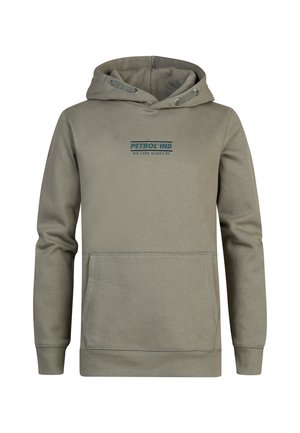 Felpa verde oliva con tasca frontale, cappuccio con lacci e logo stampato. Presenta polsini e orlo a coste, una consistenza morbida e un design casual.