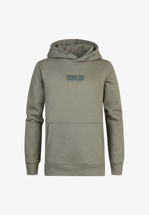 Felpa verde oliva con tasca frontale, cappuccio con lacci e logo stampato. Presenta polsini e orlo a coste, una consistenza morbida e un design casual.