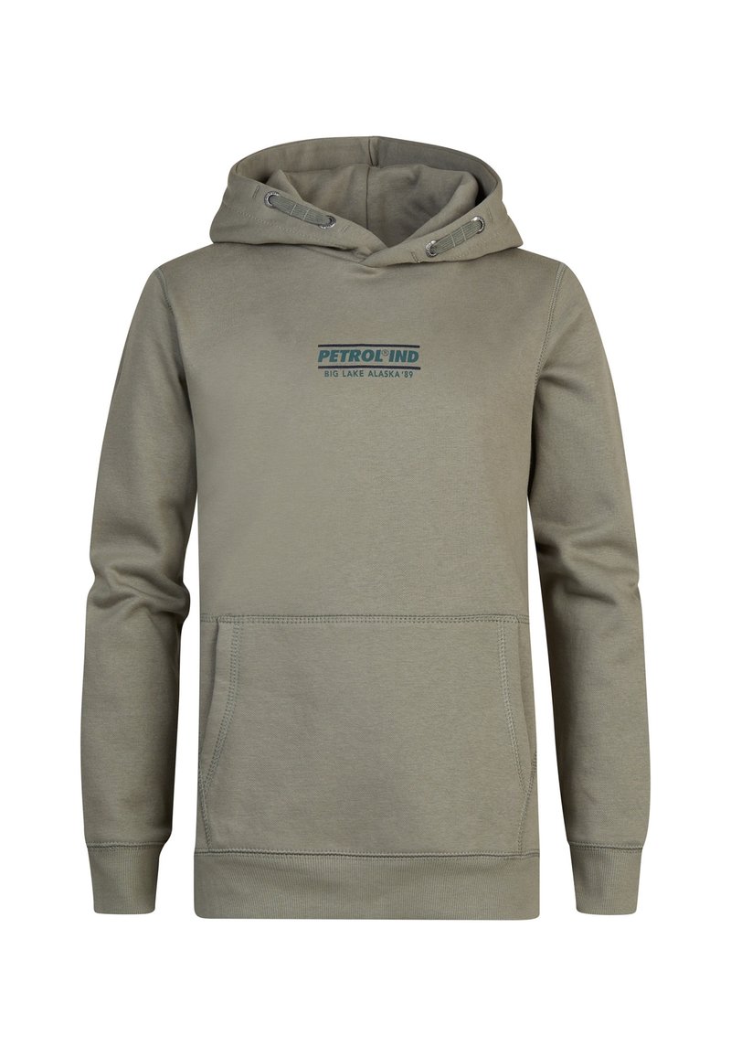 Felpa verde oliva con tasca frontale, cappuccio con lacci e logo stampato. Presenta polsini e orlo a coste, una consistenza morbida e un design casual.