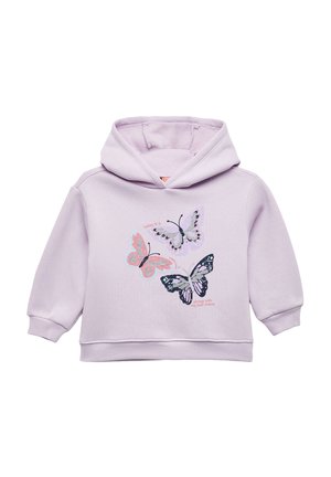 Sudadera de color púrpura claro hecha de una tela suave, que presenta tres diseños de mariposas en rosa, negro y plata, con el texto que dice "hoy es un..."