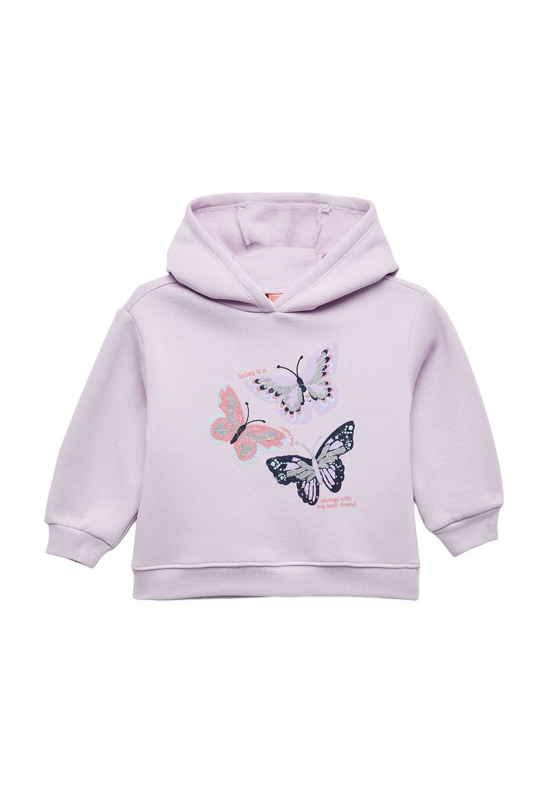 Sudadera de color púrpura claro hecha de una tela suave, que presenta tres diseños de mariposas en rosa, negro y plata, con el texto que dice "hoy es un..."