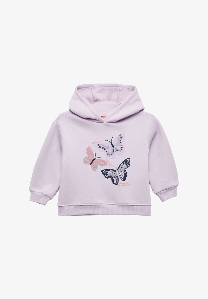 Sudadera de color púrpura claro hecha de una tela suave, que presenta tres diseños de mariposas en rosa, negro y plata, con el texto que dice "hoy es un..."