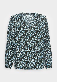 Blusa preta de mangas longas com um padrão floral de flores azuis e verdes claras, com um decote em V e mangas gather.