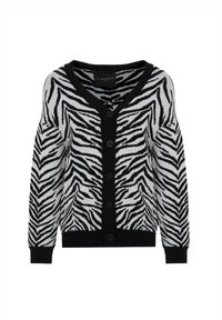 Cardigan a strisce zebrate in bianco e nero con scollo a V, chiusura con bottoni sul davanti e polsini a costine. Realizzato in un morbido materiale lavorato a maglia.
