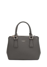 Borsa a mano in pelle grigia con due manici superiori, chiusura con zip, accenti in hardware dorato e finitura testurizzata. Presenta un dettaglio del logo sul fronte.