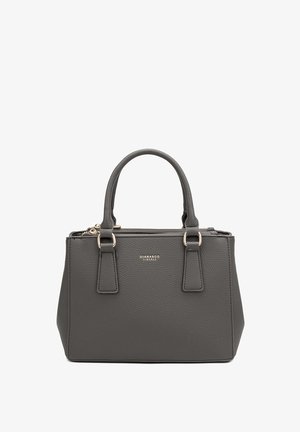 Grijze leren handtas met twee hengsels aan de bovenkant, ritssluiting, gouden hardware accenten en een gestructureerde afwerking. Voorzien van logo detail aan de voorkant.