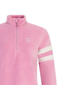 Maglione in felpa rosa con mezza zip e colletto alto. Presenta dettagli a righe bianche sulle maniche e un piccolo logo sul petto. Texture morbida.