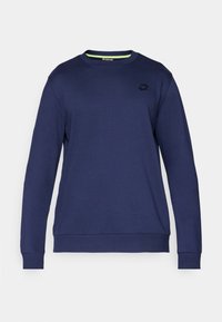 Navyblauer Sweatshirt aus weichem Stoff, mit rundem Halsausschnitt, langen Ärmeln, gerippten Bündchen und einem dezenten Logo auf der Brust.