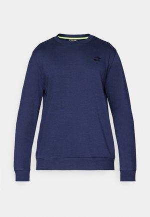 Navyblauer Sweatshirt aus weichem Stoff, mit rundem Halsausschnitt, langen Ärmeln, gerippten Bündchen und einem dezenten Logo auf der Brust.