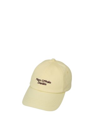 Lichtgele baseballpet met donkerbruine geborduurde tekst ""Marc O'Polo Denim"" op het voorpaneel.