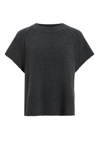 Maglione lavorato a maglia grigio scuro con scollatura rotonda, maniche raglan corte e orlo a costine. Texture morbida, vestibilità ampia e senza chiusure visibili.