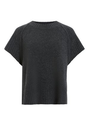 Maglione lavorato a maglia grigio scuro con scollatura rotonda, maniche raglan corte e orlo a costine. Texture morbida, vestibilità ampia e senza chiusure visibili.
