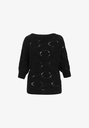 Musthave must valmistatud mustast kootud oversized-suuruses svetrist, millel on tekstuuriline lahtine muster, lai kaelus ja kolmveerandvarrukad. Paelad ja mansetid annavad disainile viimistleva note.