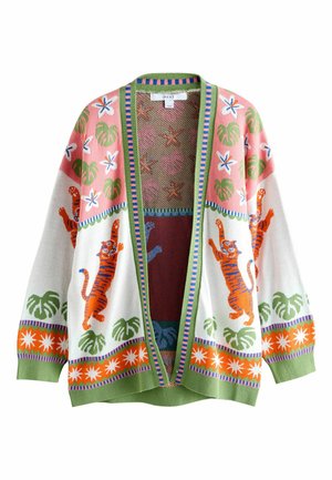 Strickjacke mit offenem Vorderteil und grünem Besatz, mit orangefarbenen Tigern, grünen Blättern, weißen Blumen und Sternmustern auf rosa, weißen und orangenen Paneelen.