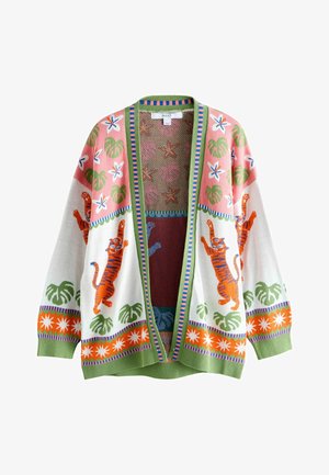 Otwarty kardigan dzianinowy z zielonym obszyciem, z pomarańczowymi tygrysami, zielonymi liśćmi, białymi kwiatami i wzorami gwiazd na różowych, białych i pomarańczowych panelach.