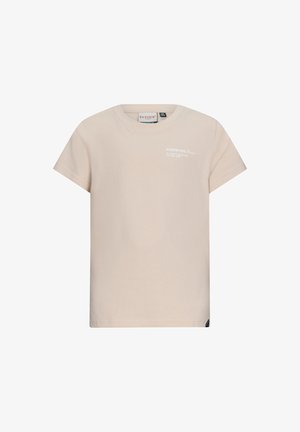 Jasno beżowa bawełniana koszulka z krótkim rękawem, okrągłym dekoltem i subtelnym nadrukiem z przodu. Posiada małą metkę z logo marki z boku.