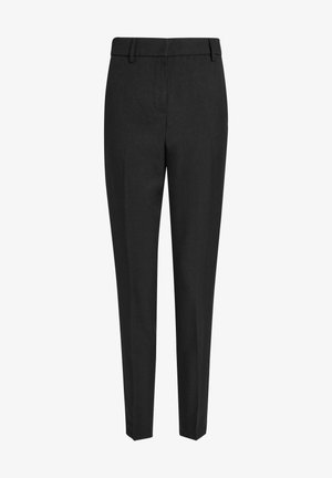 Pantalon noir ajusté avec une coupe slim, fabriqué dans un tissu lisse. Comprend une ceinture, des plis à l'avant et des jambes droites.