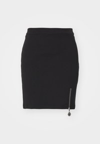 Musta polvipituinen hame korkealla vyötäröllä ja pystysuoralla vetoketjuyksityiskohdalla oikealla alareunassa.