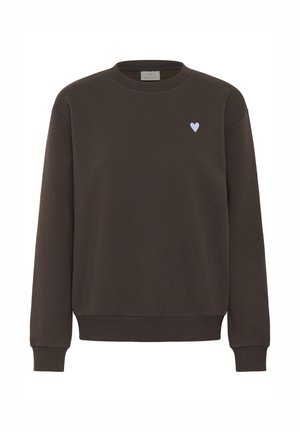 Rudas medvilninis džemperis su ilgomis rankovėmis, įsiūtomis juostelėmis ir apvaliu kaklu. Ant krūtinės yra maža mėlyna išsiuvinėta širdelė.