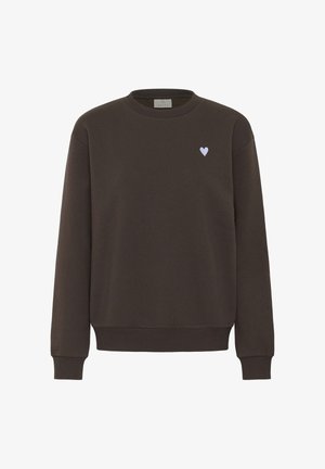 Brun bomulds sweatshirt med lange ærmer, ribbede manchetter og rund halsudskæring. Har et lille blåt broderet hjerte på brystet.