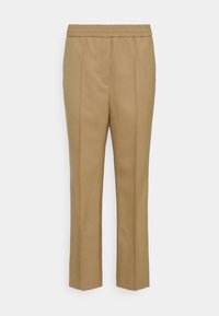 Pantalons beiges en tissu tissé lisse. Dotés d'une taille élastique, de jambes droites et de plis avant discrets pour un design structuré.