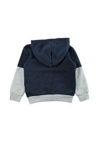Sweat à capuche bleu marine avec manches et ceinture gris clair, présenté de dos sur un fond blanc.