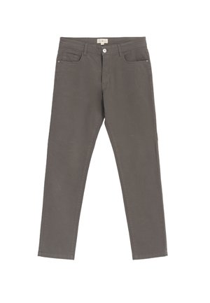 Pantalones de algodón gris de corte slim, diseño de cinco bolsillos y cierre de botón. Presenta detalles de costura sutiles a lo largo de las costuras.