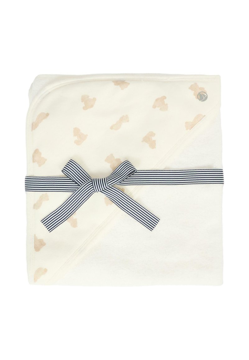 Bawełniany kocyk dla niemowląt w kolorze kremowym, z wzorem misia i granatową wstążką w paski. Miękka tekstura z fasonem z kapturem dla zapewnienia ciepła.