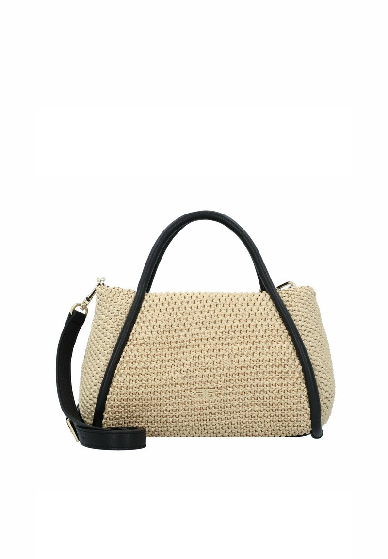 Beige woven bag with a textured surface, black leather accents, dual top handles, and an adjustable shoulder strap. Gold-tone hardware detail.