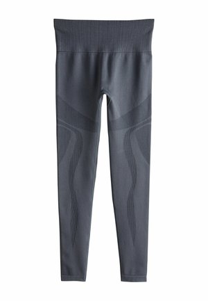 Gray leggings with a ribbed waistband, featuring textured patterns and diagonal lines on the legs. Made from a flexible, smooth material.