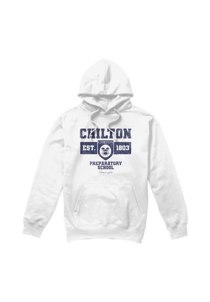 White hoodie with navy text reading "Chilton Est. 1803 Preparatory School Gilmore Girls" and a small crest logo in the center front.