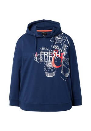 Marineblauer Kapuzenpullover mit vorderseitiger Blumen- und Cupcake-Linienzeichnung und dem Schriftzug "FRESH & FRUITY" in Weiß und Rot, ausgestattet mit einer verstellbaren Kordelzugkapuze.