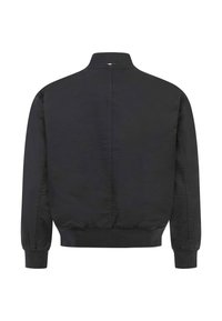 Black lightweight jacket with ribbed cuffs and waistband, standing collar, and subtle stitched seam down the center back.