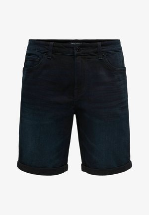 Sötétkék farmer rövidnadrág felhajtott szegéllyel, elülső gombbal, övcsíptetőkkel és ötlovaszokos kialakítással.