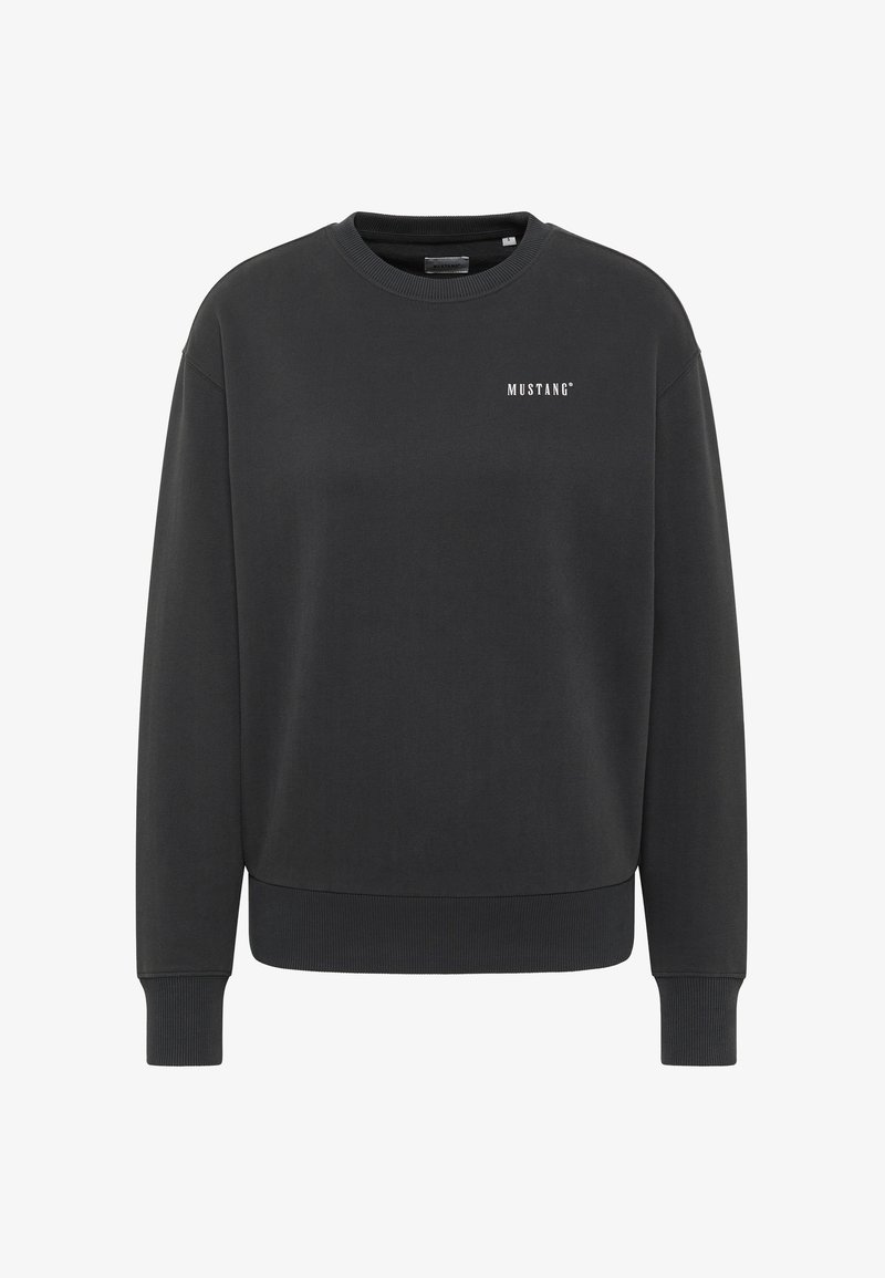 Sötétszürke kapucnis pulóver pamutból. Kerek nyakkivágással, hosszú ujjakra, bordázott mandzsettával rendelkezik, és a mellkason egy kis fehér "MUSTANG" logó található.