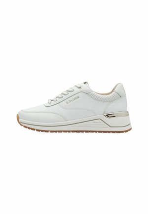 White sneaker with a textured leather upper, lace closure, and metallic accents. Features a cushioned heel and patterned rubber sole.