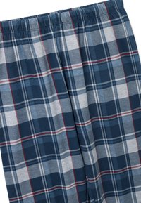 Mannen's geruite pyjamabroek van zacht katoen. Heeft een mix van marineblauw, blauw, grijs en rood ruitpatronen met een elastische tailleband.