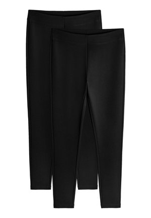 Fekete leggings finom, elasztikus anyagból. Két pár látható, rugalmas derékpánttal és karcsúsított szabással. Nincs rajtuk jellegzetes mintázat.
